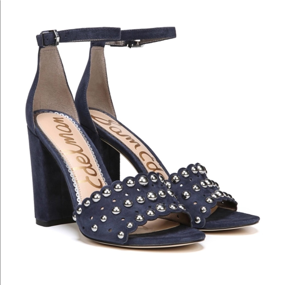 Navy suede heels with metal detail